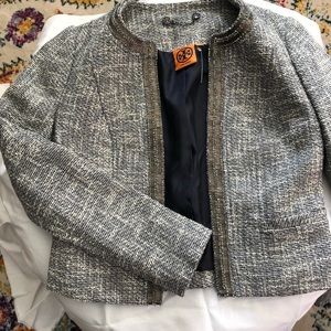 Tory Burch Gray Ivory beaded trim blazer size 0